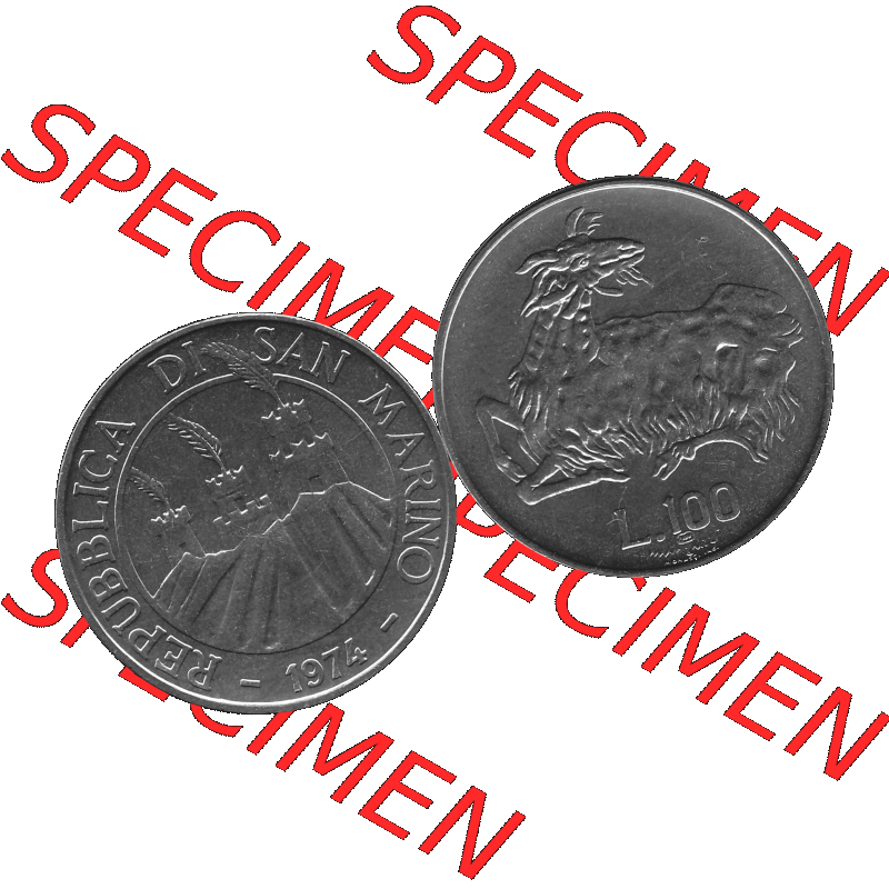 Bildmaterial Münzensatz / KMS 1974 aus San Marino in Graustufen 1974-1974, 100 Lire, L.100 MINGUZZI MONASSI INC. Graustufen. PNG Computer-Grafik in Graustufen... Sammlung