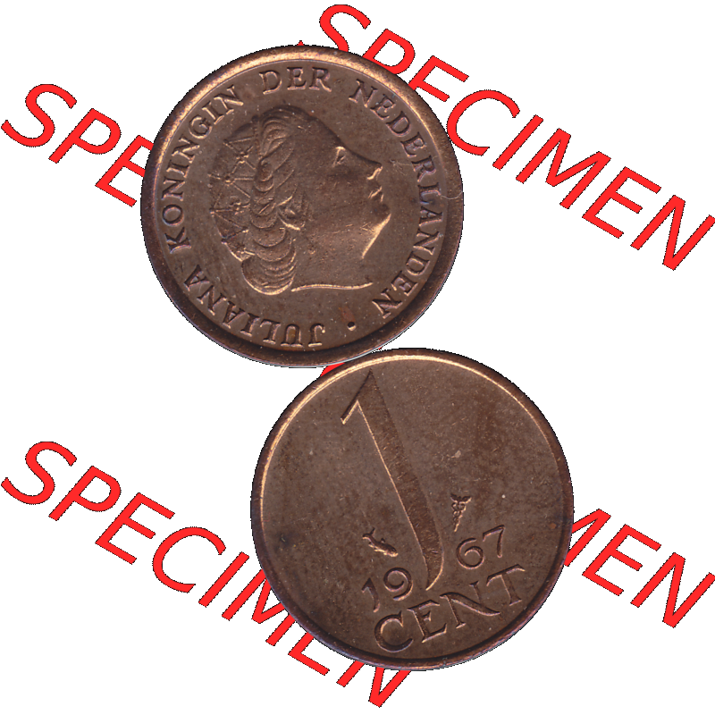 Alte Münze der Niederlande 1951-1975, in PNG digitalisiert 1950-1980, 1 Cent Königin Juliana 1967-01. Vorderseite und Rückseite vertikal auf einen digitalen Bild der alten... Sammlung