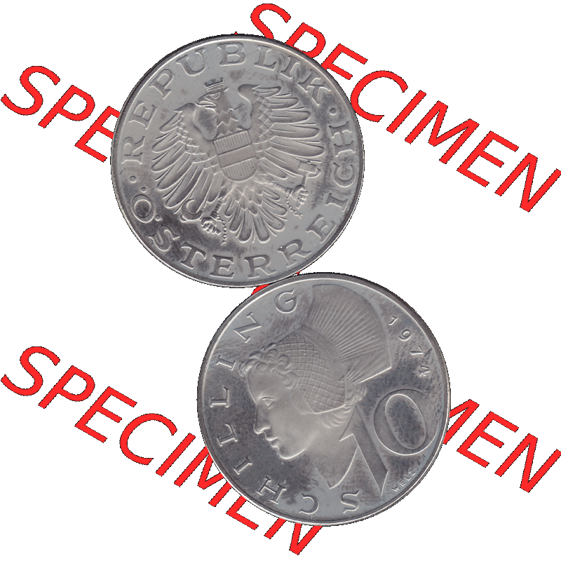 Alte Münze aus KMS Österreich, Kursmünzensatz 1974 in PP 1974-2001, 10 Schilling 1974-01. Vorderseite und Rückseite vertikal auf einen digitalen Bild der alten österreichischen... Sammlung