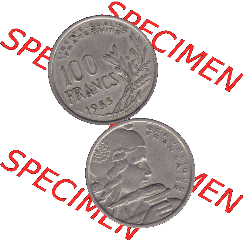 Münzen Frankreich Umlaufmünze 1954-1958; 100 Francs, Franken Typ I. 1955-01. Vorderseite und Rückseite vertikal auf einen digitalen Bild der alten französischen... Sammlung