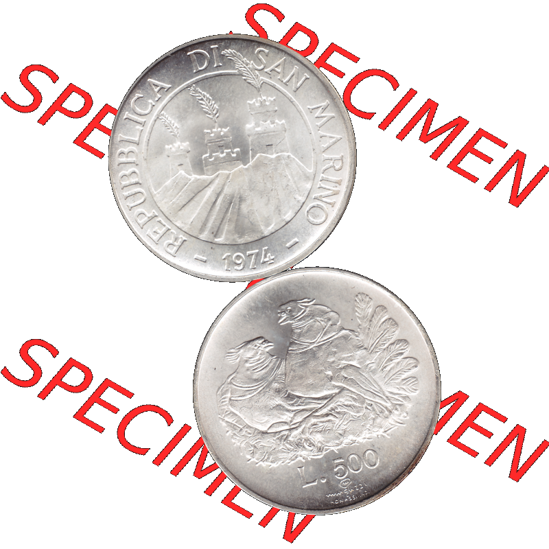 Bildmaterial Münzensatz / KMS 1974 aus San Marino Münze 1974-1974 als transparente PNG-Grafik, 50 Lire Silbermünze, L.500 MINGUZZI MONASSI INC.. Die... Sammlung