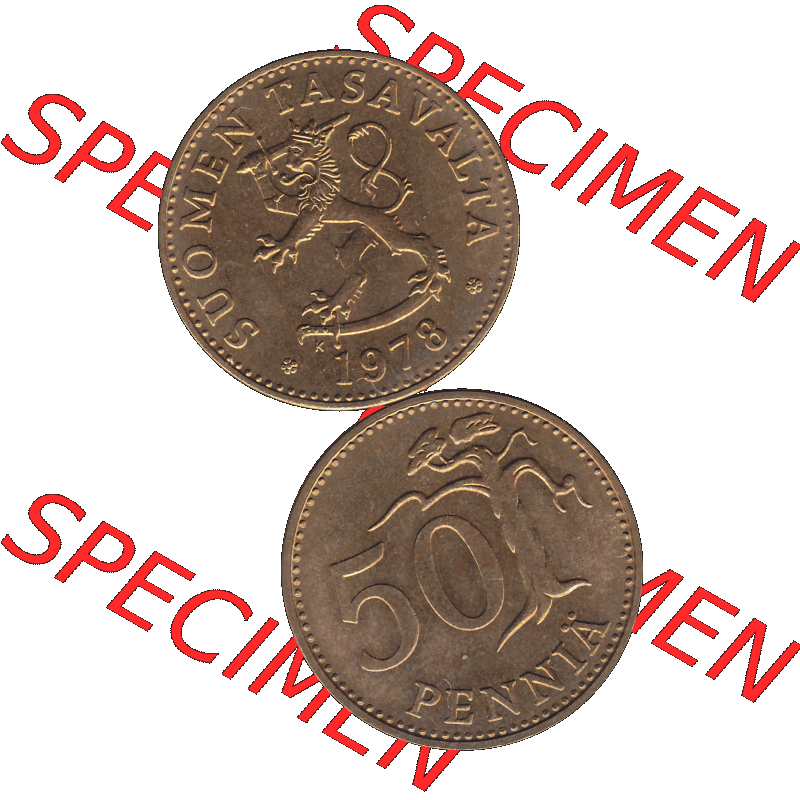 Alte Münzen KMS Finnland, Kursmünzensatz 1978 in Stempelglanz als digitales Computerbild einer finnischen digitalisierten Münze in transparenten PNG 1963-1990, 50 Penny 1978-1.... Sammlung