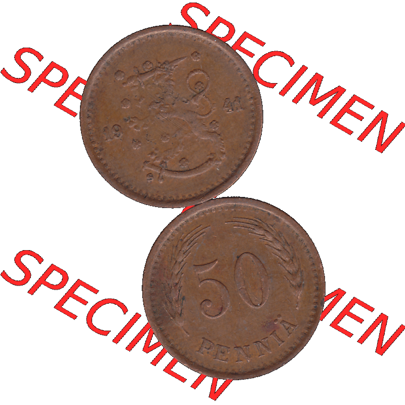 Alte Münzen KMS Finnland, Kursmünzensatz Finnland in transparenten digitalen PNG-Format 1940-1943, 50 Penny, Penniä, Kupfer 1941-1. Die digitalisierte Münze... Sammlung