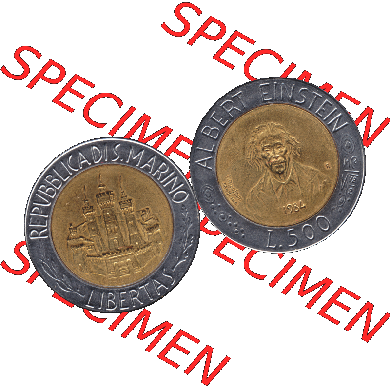 Gedenkmünzen aus San Marino, in PNG 1984-1984, 500 Lire Albert Einstein 1984-01. Vorderseite und Rückseite horizontal auf einen digitalen Bild der alten Gedenkmünze aus... Sammlung