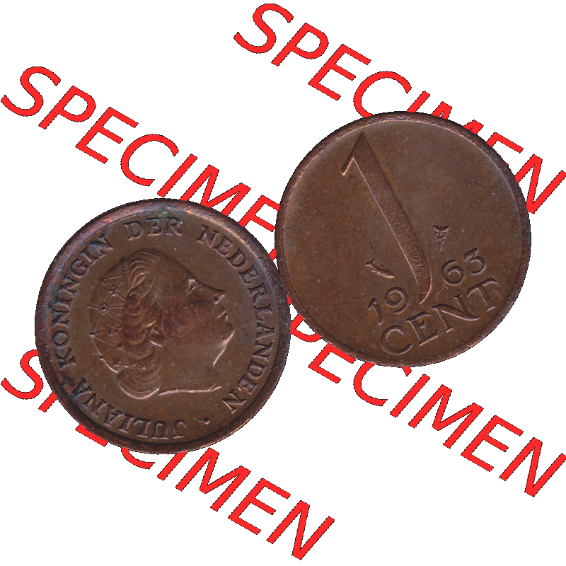 Alte Münze der Niederlande 1951-1975, in PNG digitalisiert 1950-1980, 1 Cent Königin Juliana 1963-01. Vorderseite und Rückseite horizontal auf einen digitalen Bild der... Sammlung