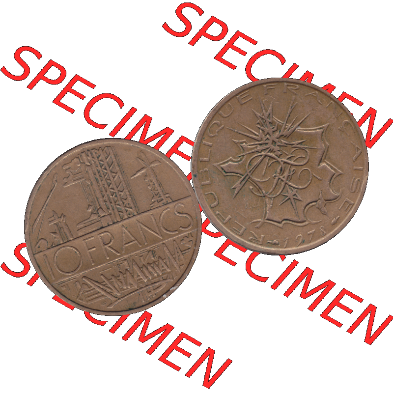 Münzen Frankreich Umlaufmünze 1974-1987, 10 Franken-Francs 1978-01. Vorderseite und Rückseite horizontal auf einen digitalen Bild der alten französischen Umlaufmünze... Sammlung