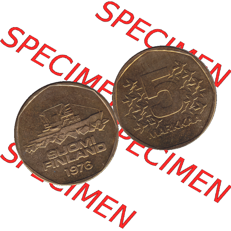 Alte Münzen KMS Finnland, Kursmünzensatz 1976 in Stempelglanz als digitales Computerbild in transparenten PNG 1972-1978, 5 Finnische Mark, Markkaa 1976-1, SUOMI FINLAND.... Sammlung