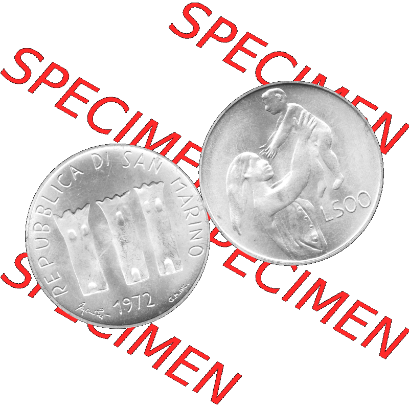 Bildmaterial Münzensatz / KMS 1972 aus San Marino in Graustufen 1972-1972, 500 Lire 1972 L. 500 REPUBBLICA DI SAN MARINO, Silbermünze Graustufen. PNG Computer-Grafik... Sammlung