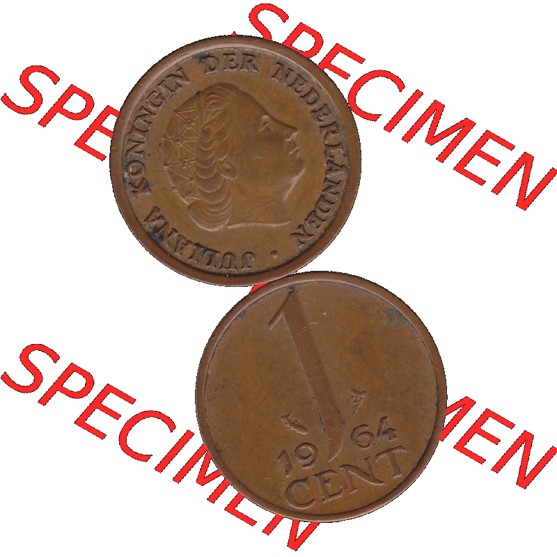 Alte Münze der Niederlande 1951-1975, in PNG digitalisiert 1950-1980, 1 Cent Königin Juliana 1964-01. Vorderseite und Rückseite vertikal auf einen digitalen Bild der alten... Sammlung