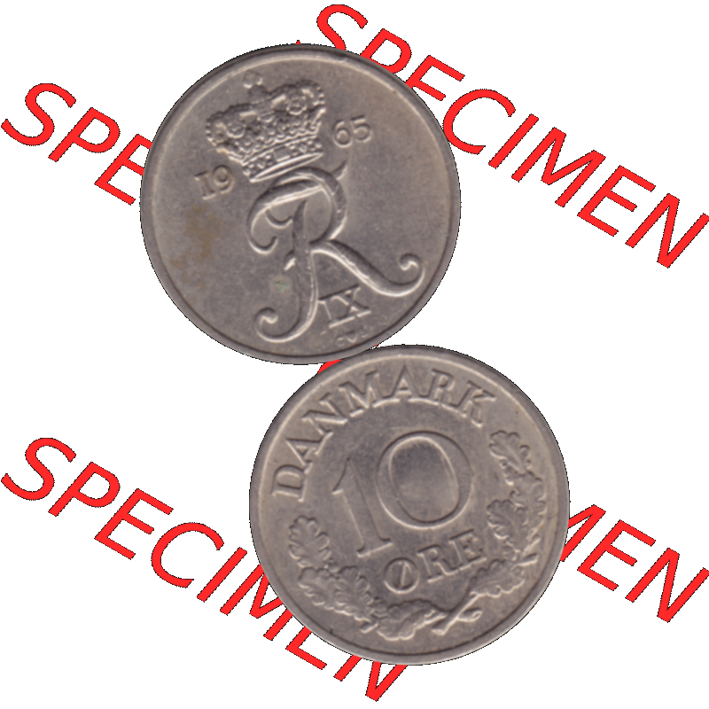 Alte Münze aus Dänemark als PNG-Grafik 1960-1972, 10 Öre 1965-01. Vorderseite und Rückseite vertikal auf einen digitalen Bild der alten dänischen Umlaufmünze... Sammlung