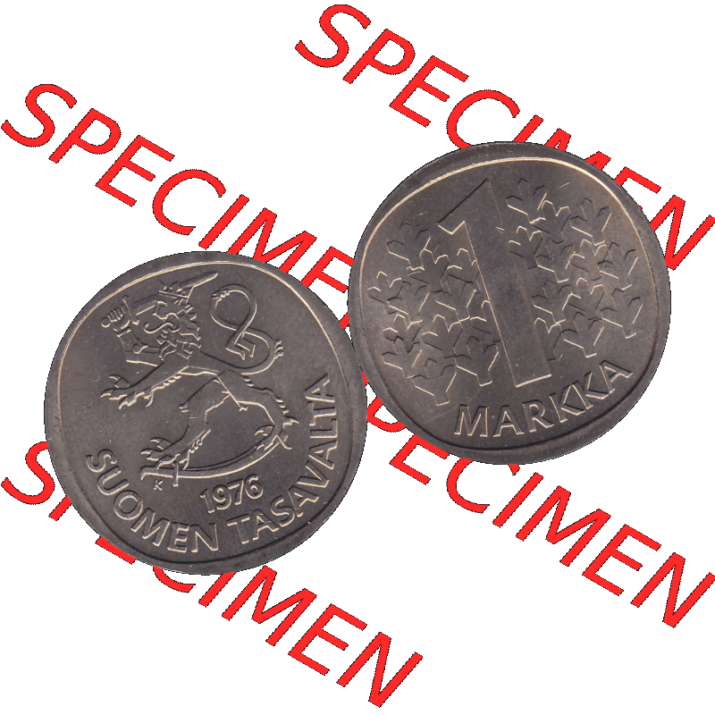 Alte Münzen KMS Finnland, Kursmünzensatz 1976 in Stempelglanz als digitales Computerbild in transparenten PNG 1969-1993, 1 Finnische Mark, Markka 1976-1, SUOMEN TASAVALTA.... Sammlung