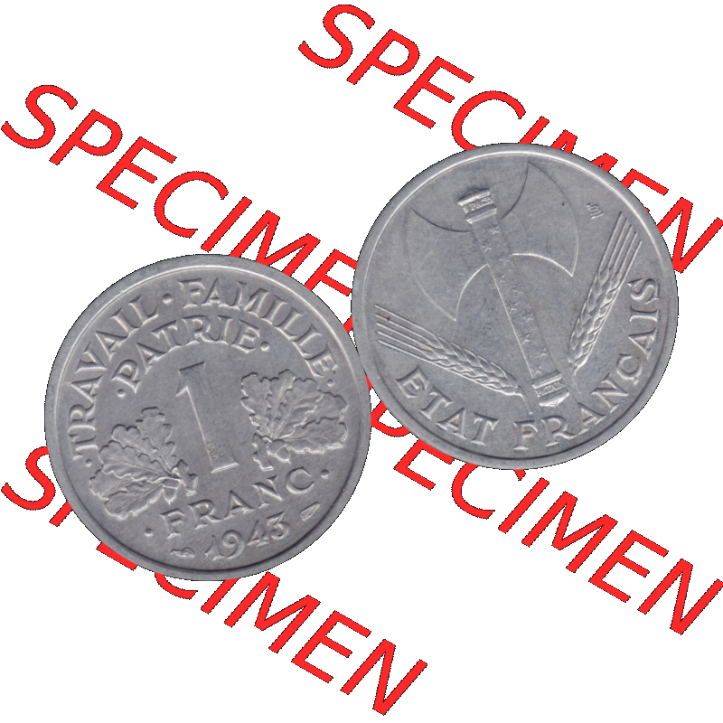 Münzen Frankreich Umlaufmünze in PNG einer Münze aus Frankreich 1942-1944, 1 Franc, Franken 1943-01. Vorderseite und Rückseite horizontal auf einen digitalen Bild... Sammlung