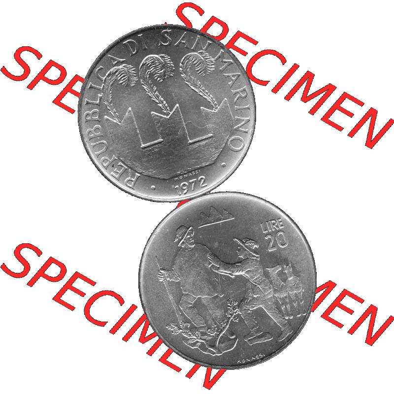 Bildmaterial Münzensatz / KMS 1972 aus San Marino in Graustufen 1972-1972, 20 Lire, 1972, MONASSI REPUBBLICA DI SAN MARINO Graustufen. PNG Computer-Grafik in Graustufen-PNG... Sammlung