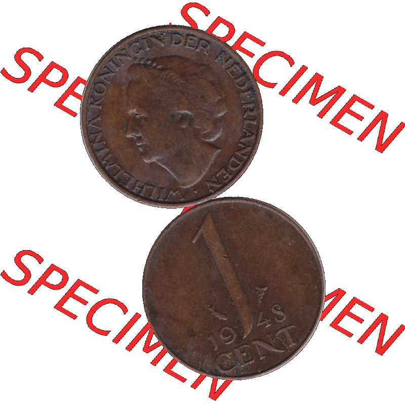 Alte Münze aus der Niederlande 1926-1950, in PNG digitalisiert 1948-1948, 1 Cent Königin Wilhelmina 1948-01. Vorderseite und Rückseite vertikal auf einen digitalen Bild... Sammlung