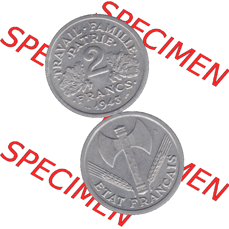 Münzen Frankreich Umlaufmünze in PNG einer Münze aus Frankreich 1943-1944, 2 Francs, Franken 1943-01. Vorderseite und Rückseite vertikal auf einen digitalen Bild... Sammlung