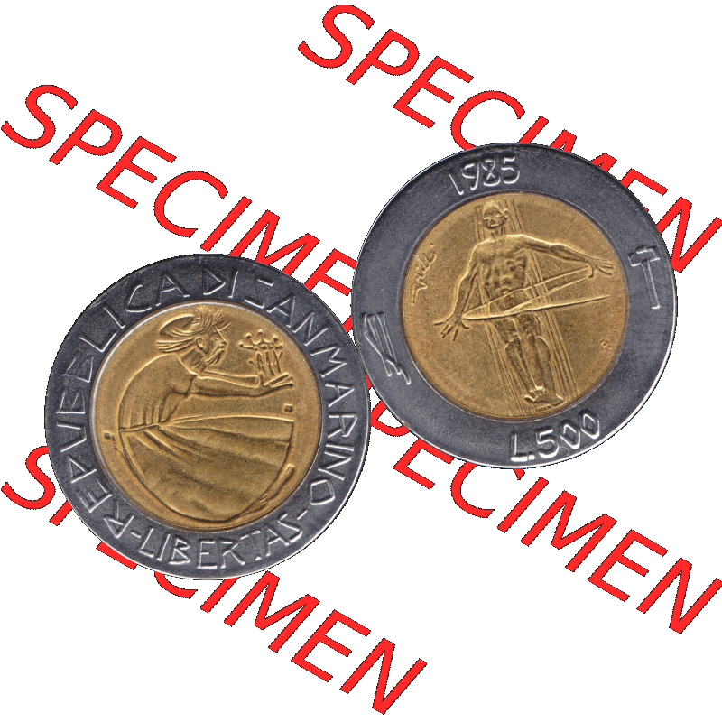 Gedenkmünzen aus San Marino, in PNG 1985-1985, 500 Lire Drogenkrieg 1985-01. Vorderseite und Rückseite horizontal auf einen digitalen Bild der alten Gedenkmünze aus San... Sammlung
