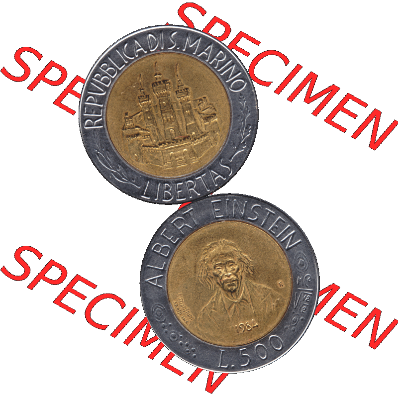 Gedenkmünzen aus San Marino, in PNG 1984-1984, 500 Lire Albert Einstein 1984-01. Vorderseite und Rückseite vertikal auf einen digitalen Bild der alten Gedenkmünze aus... Sammlung