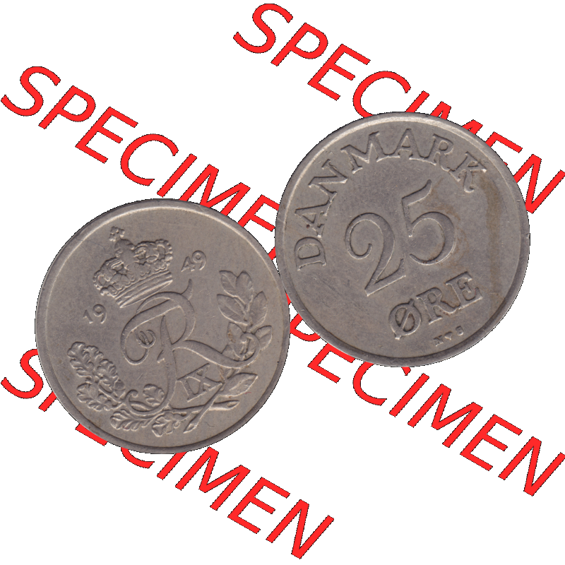 Alte Münze aus Dänemark als PNG-Grafik 1948-1955, 25 Öre 1949-01 Kursmünze. Vorderseite und Rückseite horizontal auf einen digitalen Bild der alten dänischen... Sammlung