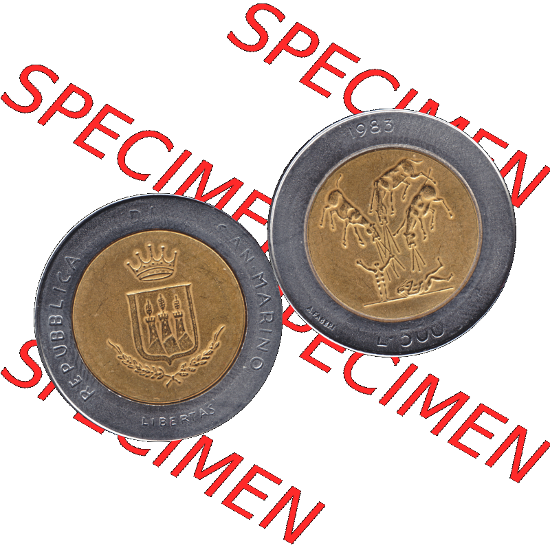 Gedenkmünzen aus San Marino, in PNG 1983-1983, 500 Lire Bedrohung durch einen Atomkrieg 1983-01. Vorderseite und Rückseite horizontal auf einen digitalen Bild der alten Gedenkmünze... Sammlung