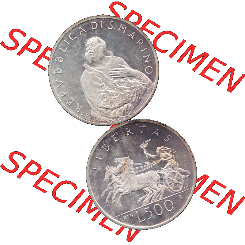 Bildmaterial Münzensatz / KMS 1979 aus San Marino im PNG-Format 1979-1979, 500 Lire, Silbermünze J.P. REPVBBLICA DI SAN MARINO, 1979 J.P. L.500... Sammlung