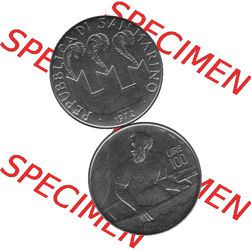 Bildmaterial Münzensatz / KMS 1972 aus San Marino in Graustufen 1972-1972, 100 Lire von 1972, 100 LIRE MONASSI REPUBBLICA DI SAN MARINO Graustufen. PNG Computer-Grafik in Graustufen-PNG... Sammlung