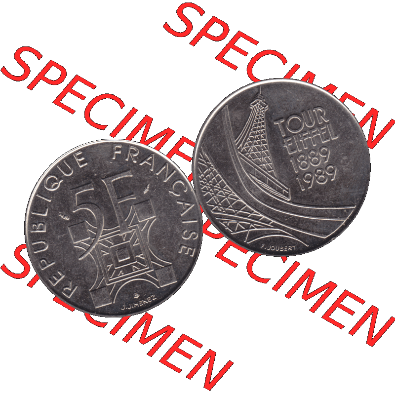 Münzen Frankreich Umlaufmünze 1989-1989, 5 Francs Franken Eiffelturm 1989-01. Vorderseite und Rückseite horizontal auf einen digitalen Bild der alten französischen Umlaufmünze... Sammlung