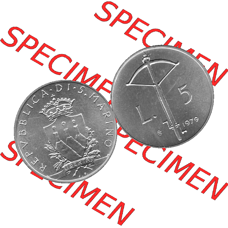 Bildmaterial Münzensatz / KMS 1979 aus San Marino in Graustufen 1979-1979, 5 Lire, LIBERTAS REPVBBLICA DI S. MARINO, 1979 L.5 Graustufen. PNG Computer-Grafik... Sammlung