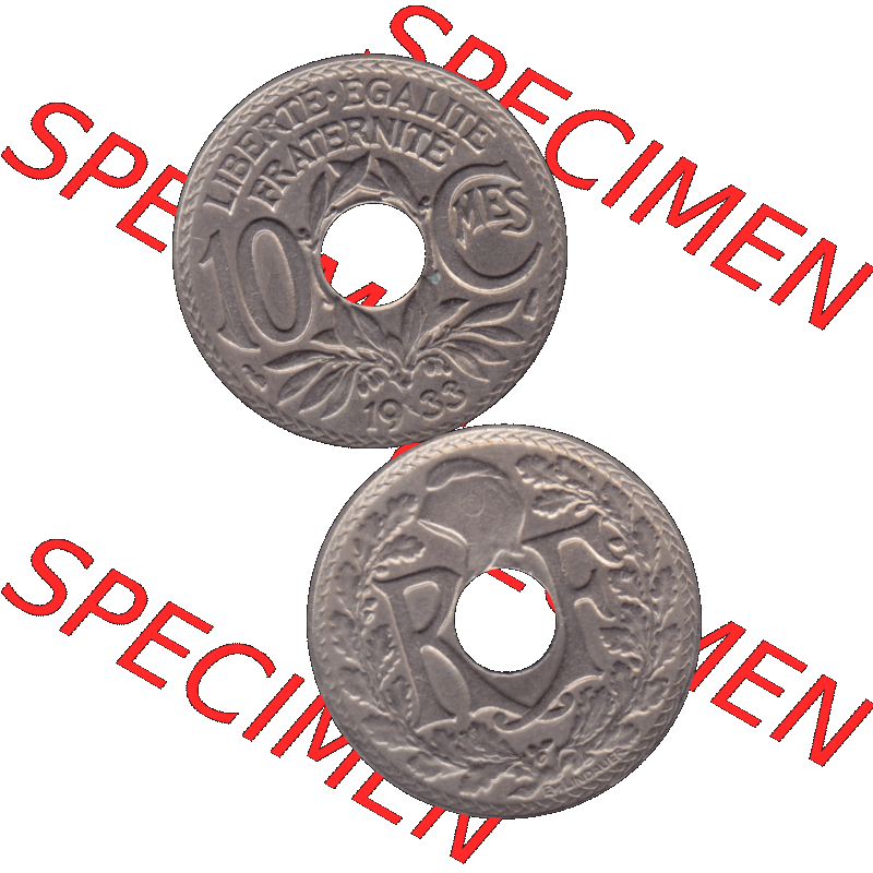 Münzen Frankreich Umlaufmünze in PNG einer Münze aus Frankreich 1917-1938, 10 Centimes, Cent 1933-01. Vorderseite und Rückseite vertikal auf einen digitalen Bild... Sammlung