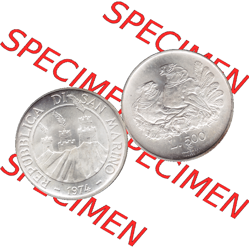 Bildmaterial Münzensatz / KMS 1974 aus San Marino Münze 1974-1974 als transparente PNG-Grafik, 50 Lire Silbermünze, L.500 MINGUZZI MONASSI INC.. Die... Sammlung