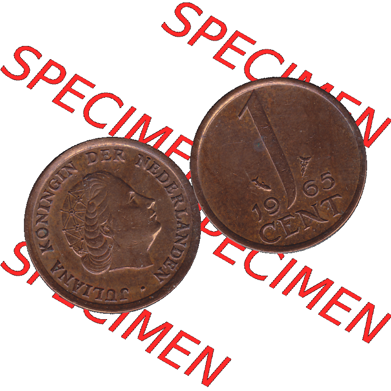Alte Münze der Niederlande 1951-1975, in PNG digitalisiert 1950-1980, 1 Cent Königin Juliana 1965-01. Vorderseite und Rückseite horizontal auf einen digitalen Bild der... Sammlung