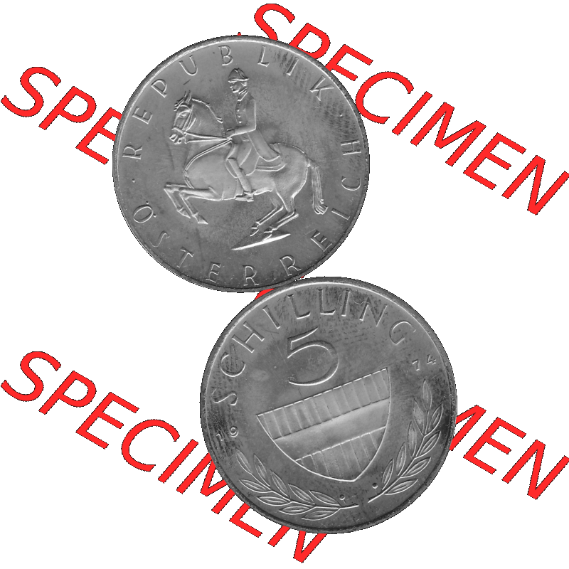 Alte Münze aus KMS Österreich, Kursmünzensatz 1974 in PP 1968-2001, 5 Schilling 1974-01. Vorderseite und Rückseite in Graustufen vertikal auf einen digitalen Bild... Sammlung