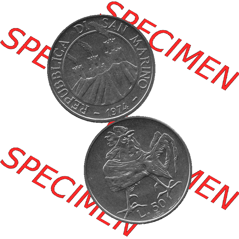 Bildmaterial Münzensatz / KMS 1974 aus San Marino in Graustufen 1974-1974, 50 Lire, L.50 MINGUZZI MONASSI INC. Graustufen. PNG Computer-Grafik in Graustufen-PNG... Sammlung