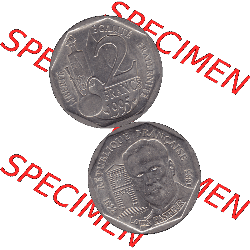 Münzen Frankreich Umlaufmünze 1995-1995, 2 France Louis Rasteur 1995-01. Vorderseite und Rückseite vertikal auf einen digitalen Bild der alten französischen Umlaufmünze... Sammlung