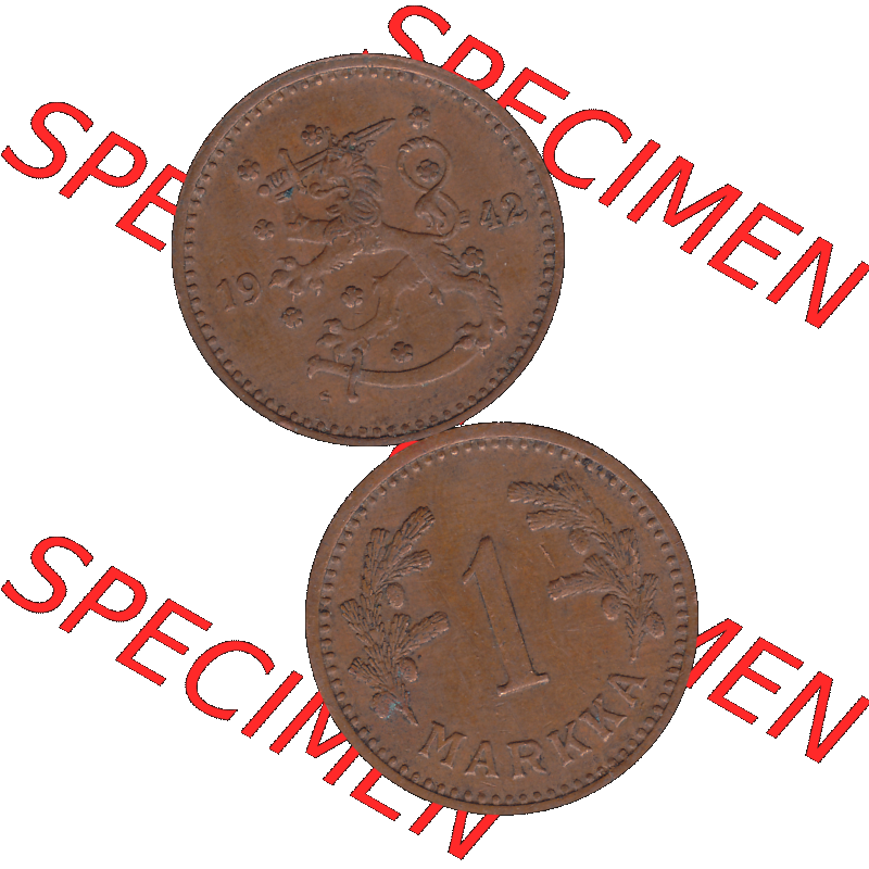 Alte Münzen KMS Finnland, Kursmünzensatz Finnland in transparenten digitalen PNG-Format 1940-1951, 1 finnische Mark, Markka, Kupfer 1942-1. Die digitalisierte Münze... Sammlung