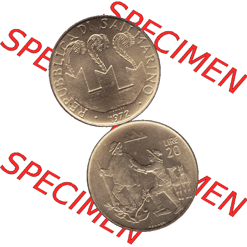 Bildmaterial in PNG-Grafiken Münzensatz / KMS 1972 aus San Marino 1972-1972, Münze 20 Lire, 1972, MONASSI REPUBBLICA DI SAN MARINO. Die digitalisierte Münze... Sammlung