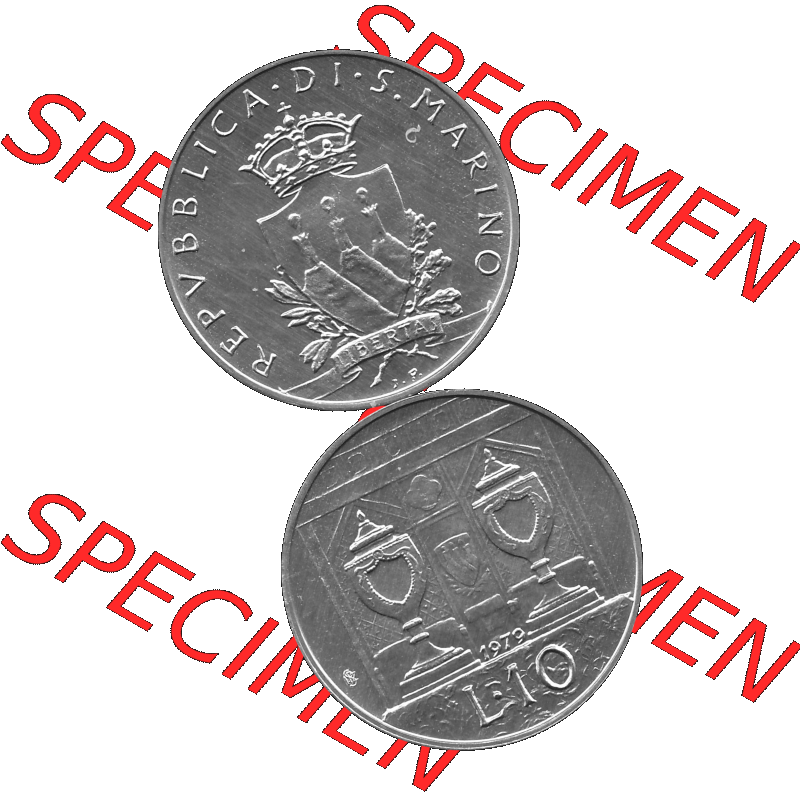 Bildmaterial Münzensatz / KMS 1979 aus San Marino in Graustufen 1979-1979, 10 Lire, J. V. LIBERTAS REPVBBLICA DI S. MARINO, 1979 L.10 Graustufen.... Sammlung