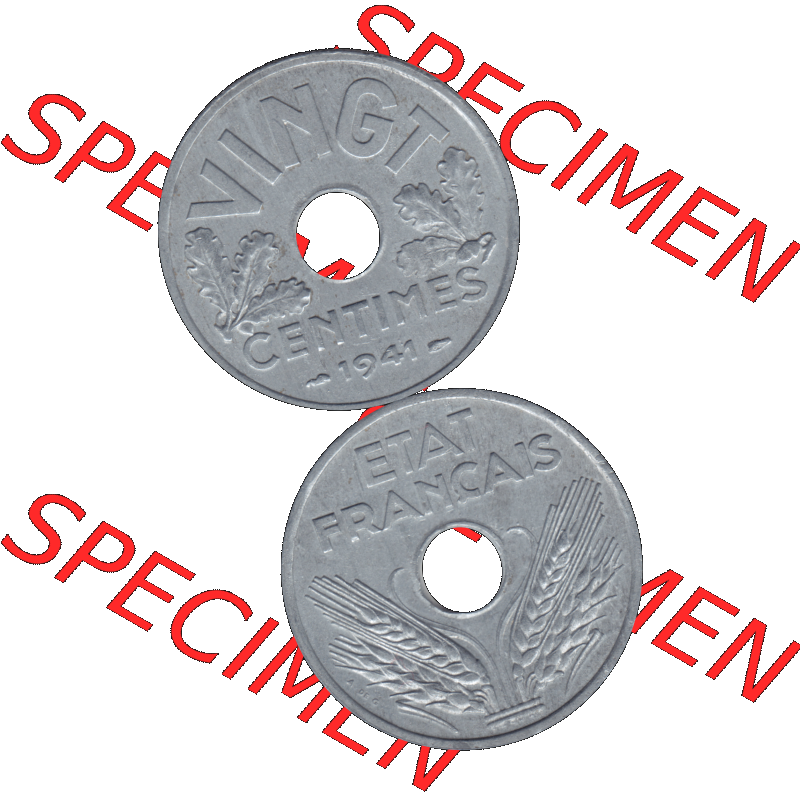 Münzen Frankreich Umlaufmünze in PNG einer Münze aus Frankreich 1941-1941, VINGT 20 Centimes, Cent-01. Vorderseite und Rückseite vertikal auf einen digitalen Bild... Sammlung