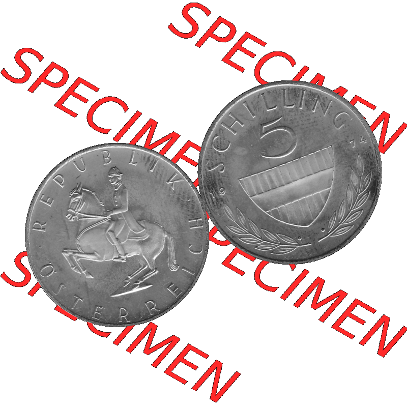 Alte Münze aus KMS Österreich, Kursmünzensatz 1974 in PP 1968-2001, 5 Schilling 1974-01. Vorderseite und Rückseite vertikal auf einen digitalen Graustufen Bild der... Sammlung