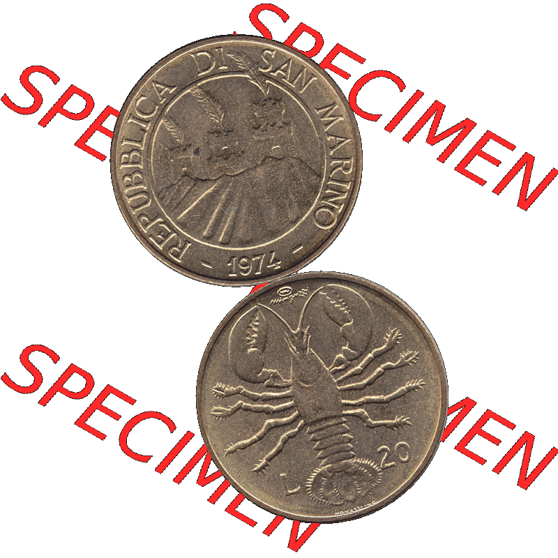 Bildmaterial Münzensatz / KMS 1974 aus San Marino Münze 1974-1974 als transparente PNG-Grafik, 20 Lire, L.20 MINGUZZI MONASSI INC.. Die digitalisierte Münze... Sammlung