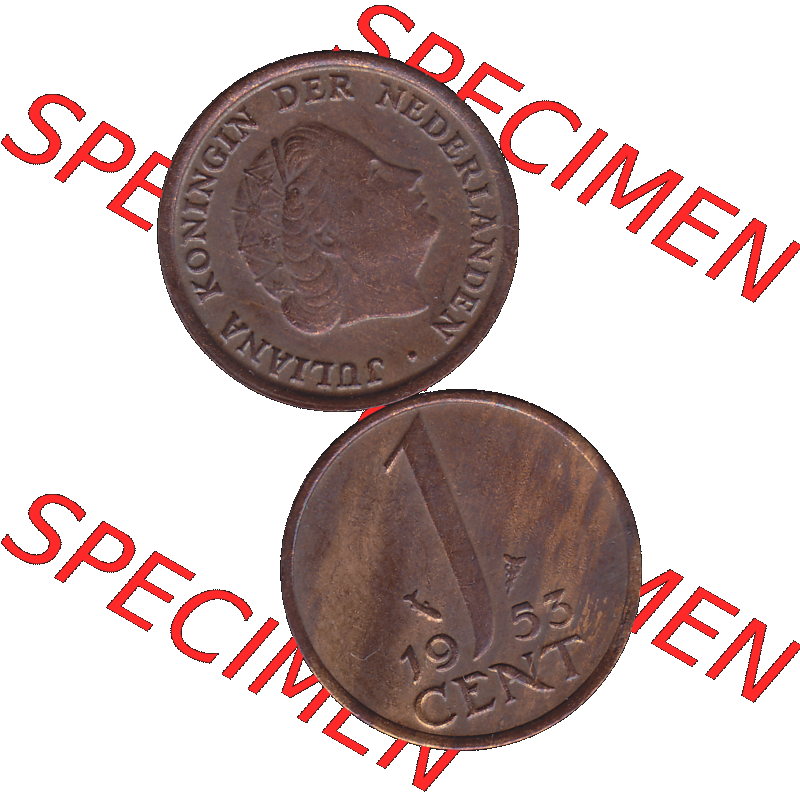 Alte Münze der Niederlande 1951-1975, in PNG digitalisiert 1950-1980, 1 Cent Königin Juliana 1953-01. Vorderseite und Rückseite vertikal auf einen digitalen Bild der alten... Sammlung