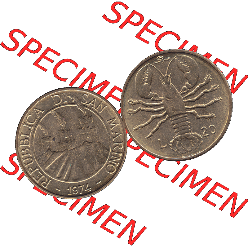 Bildmaterial Münzensatz / KMS 1974 aus San Marino Münze 1974-1974 als transparente PNG-Grafik, 20 Lire, L.20 MINGUZZI MONASSI INC.. Die digitalisierte Münze... Sammlung