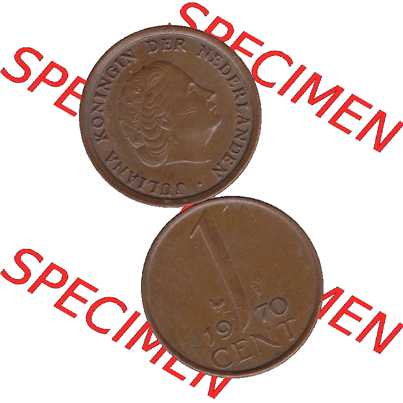 Alte Münze der Niederlande 1951-1975, in PNG digitalisiert 1950-1980, 1 Cent Königin Juliana 1970-01. Vorderseite und Rückseite vertikal auf einen digitalen Bild der alten... Sammlung