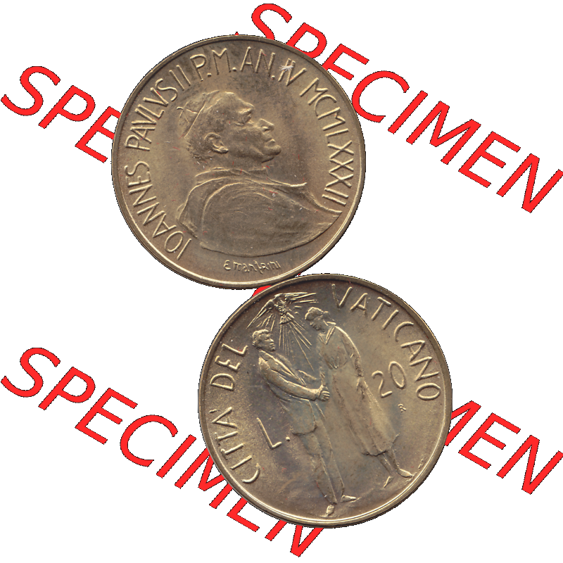Alte Münze aus der Vatikanstadt / Vatikan als PNG-Grafik Münze Vatikanstadt 1982-1982, 20 Lire, CITTA DEL VATICANO L.20 R, 1982-01. Vorderseite und Rückseite... Sammlung