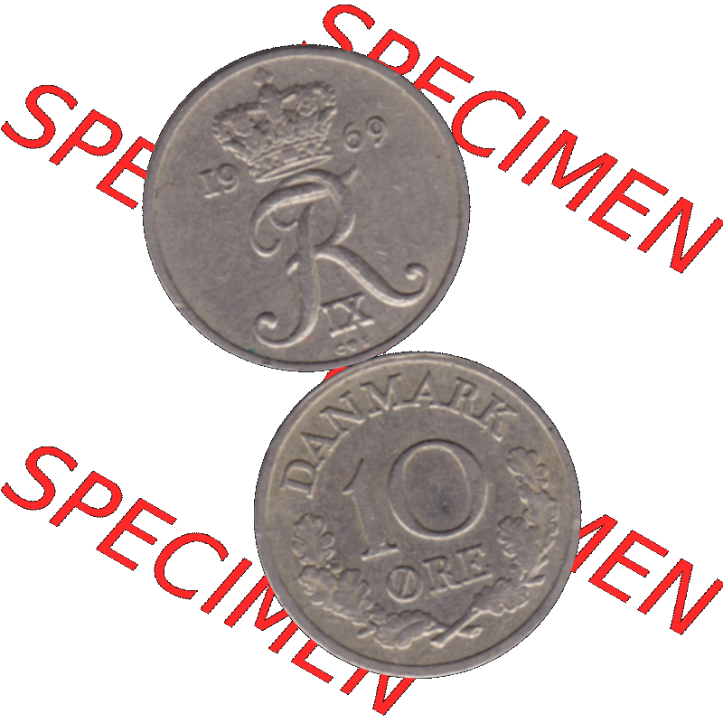 Alte Münze aus Dänemark als PNG-Grafik 1960-1972, 10 Öre 1969-01. Vorderseite und Rückseite vertikal auf einen digitalen Bild der alten dänischen Umlaufmünze... Sammlung