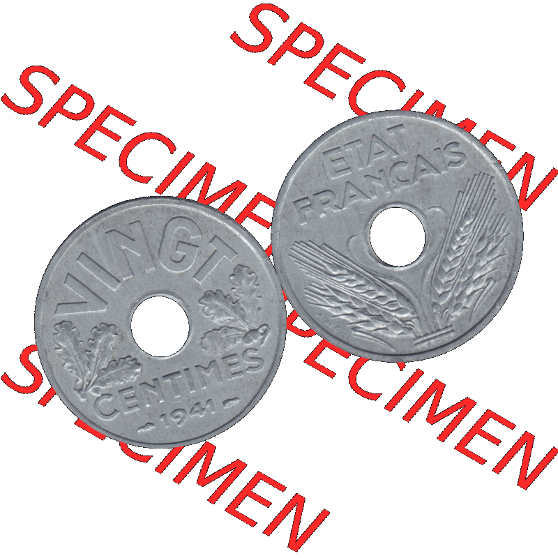 Münzen Frankreich Umlaufmünze in PNG einer Münze aus Frankreich 1941-1941, VINGT 20 Centimes, Cent-01. Vorderseite und Rückseite horizontal auf einen digitalen Bild... Sammlung