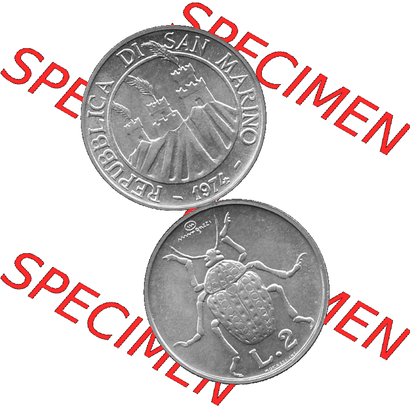 Bildmaterial Münzensatz / KMS 1974 aus San Marino in Graustufen 1974-1974, 2 Lire, L.2 MINGUZZI MONASSI INC. Graustufen. PNG Computer-Grafik in Graustufen-PNG... Sammlung