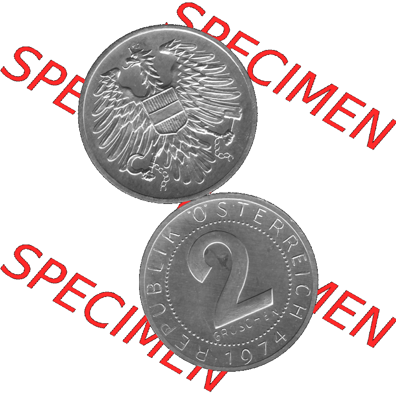 Alte Münze aus KMS Österreich, Kursmünzensatz 1974 in PP 1950-1994, 2 Groschen 1974-01. Vorderseite und Rückseite in Graustufen vertikal auf einen digitalen Bild... Sammlung