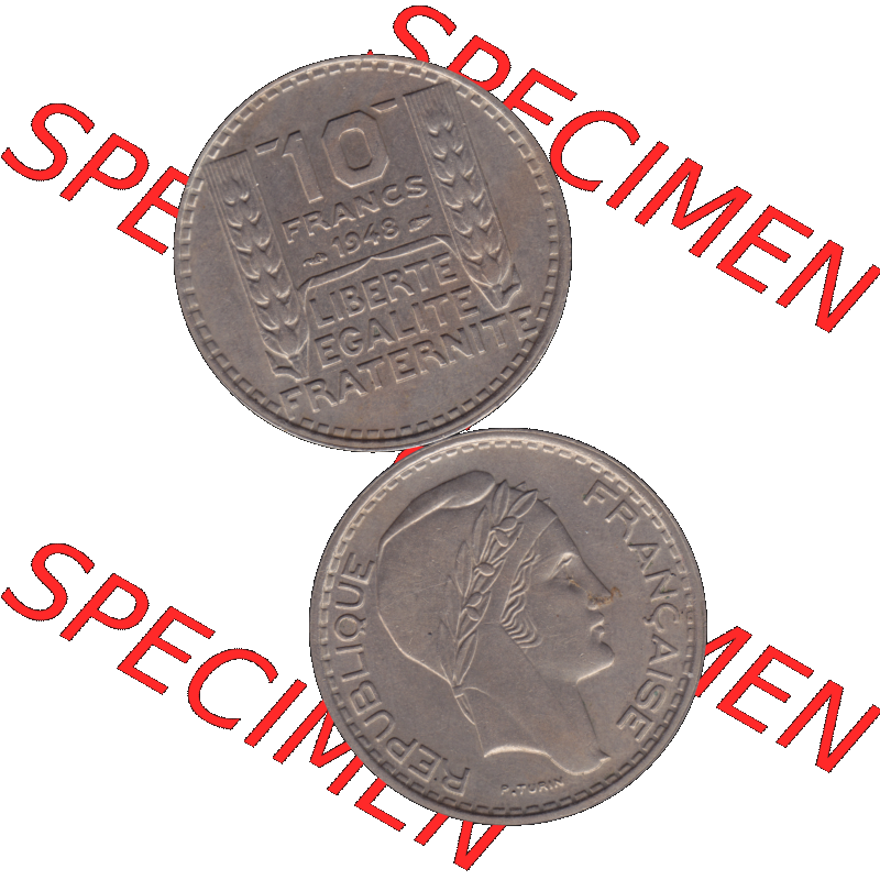 Münzen Frankreich Umlaufmünze in PNG einer Münze aus Frankreich 1947-1949, 10 Francs, Franken 1948-01. Vorderseite und Rückseite vertikal auf einen digitalen Bild... Sammlung