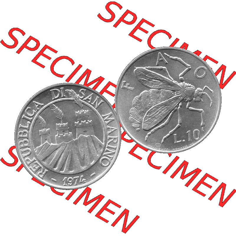 Bildmaterial Münzensatz / KMS 1974 aus San Marino in Graustufen 1974-1974, 10 Lire, L.10 MINGUZZI MONASSI INC. Graustufen. PNG Computer-Grafik in Graustufen einer... Sammlung