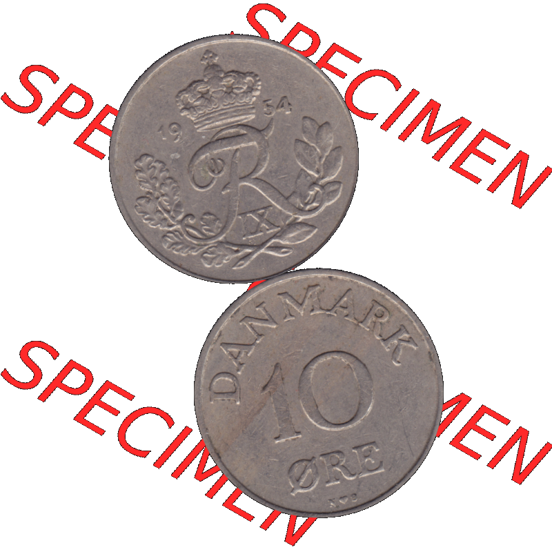 Alte Münze aus Dänemark als PNG-Grafik 1948-1960, 10 Öre 1954-01. Vorderseite und Rückseite vertikal auf einen digitalen Bild der alten dänischen Umlaufmünze... Sammlung
